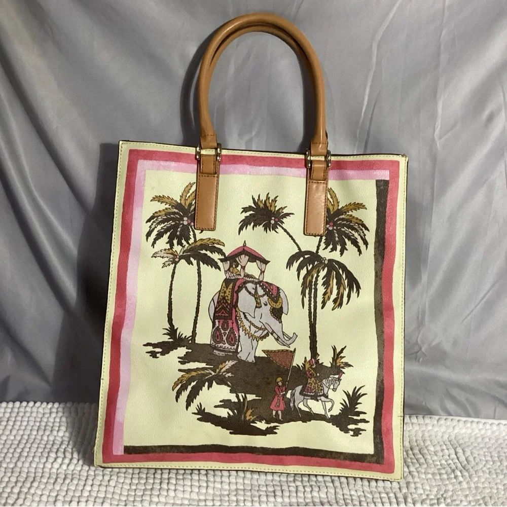 Tory Burch Kerrington Elephant Print In Caravan Border Tall Tote Bag